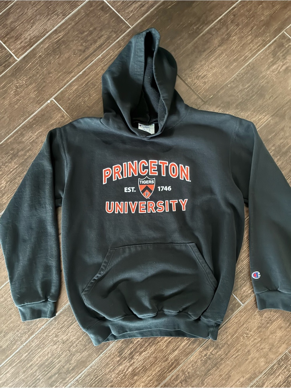 Preowned Champion Princeton University Black Hooded Sweatshirt with Orange Logo